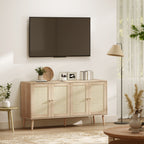 Buffet salon meuble de rangement placards à portes en cannage et étagère réglable 140 x 40 x 75 cm effet bois naturel-7