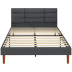Cadre de Lit 140 x 200 cm avec Sommier Bois, Lit Double Rembourré en Effet Lin, Rangement au-dessous, Sans Bruit, Gris-0