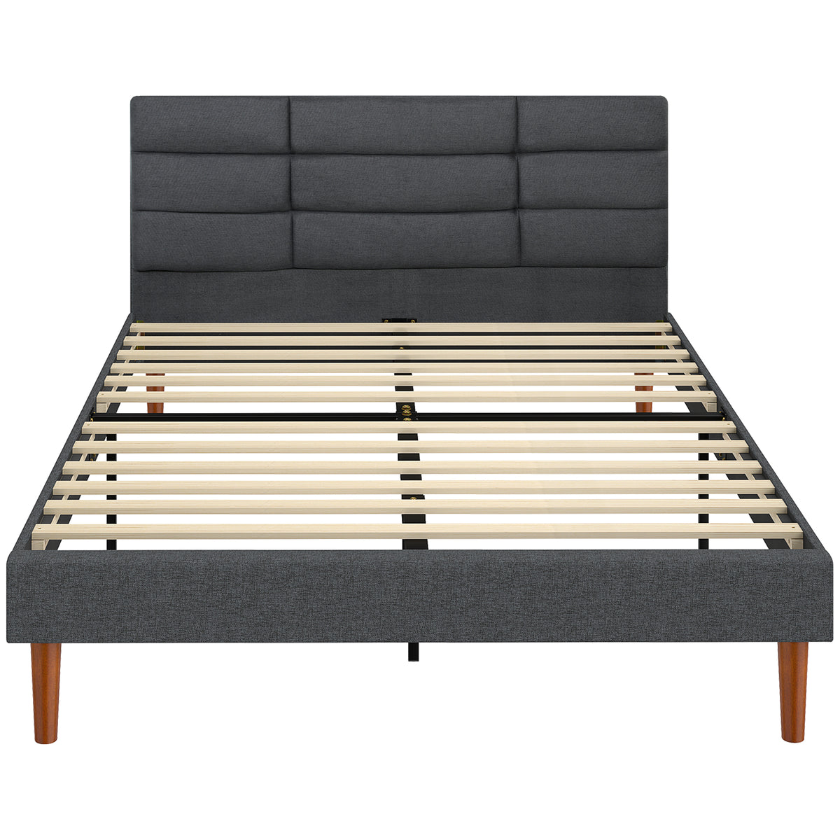 Cadre de Lit 140 x 200 cm avec Sommier Bois, Lit Double Rembourré en Effet Lin, Rangement au-dessous, Sans Bruit, Gris-0