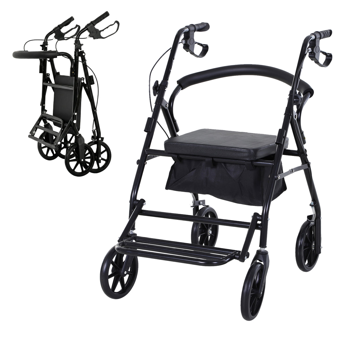 Déambulateur 4 roues - déambulateur pliable léger - assise + dossier rembourré - poignées ergonomiques, freins à main - panier rangement - cale-pied - métal noir-0