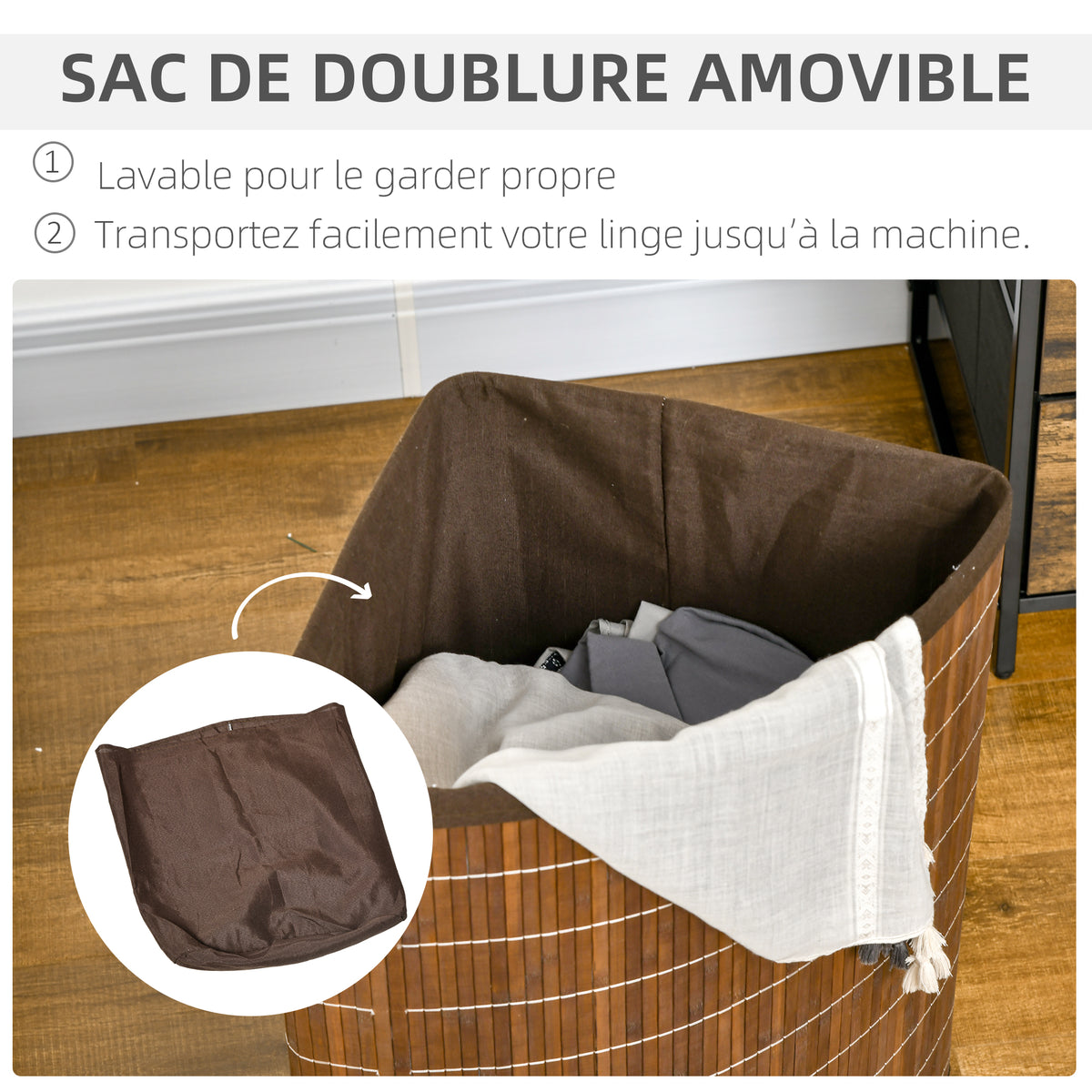 Panier à linge en bambou d'angle 55L avec couvercle et sac amovible 38 x 38 x 57 cm marron-4