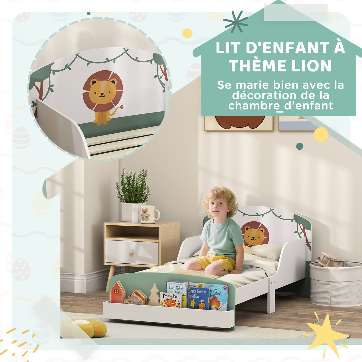 Lit enfant 70 x 140 cm, lit pour enfant avec barriere de securite et sommier à lattes, espace de rangement, vert-4