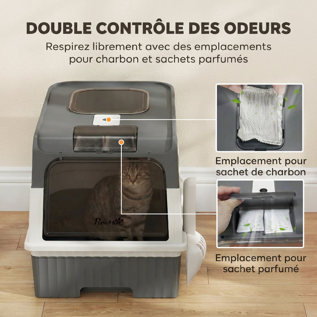 Maison de Toilette pour Chat avec Couvercle, Entrées, Plateau Coulissant, Pelle, Sachets Désodorisants, 48x35x36cm, Gris-5