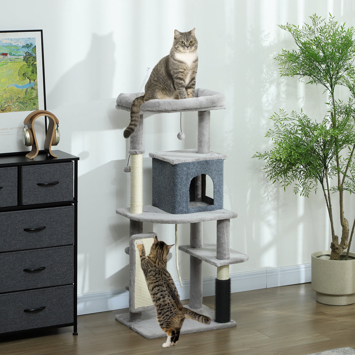 Arbre à Chat Tour de Jeux pour Chats Centre d'Activités avec Poteaux à Griffer en Sisal Niche Hauteur 132 cm Gris-9