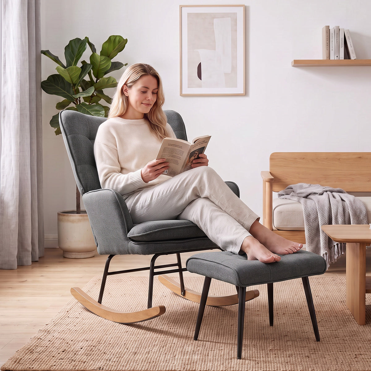 Fauteuil à bascule avec repose-pieds, rocking chair, assise large, dossier haut, coussin inclus, 64 x 89 x 90 cm, gris-8