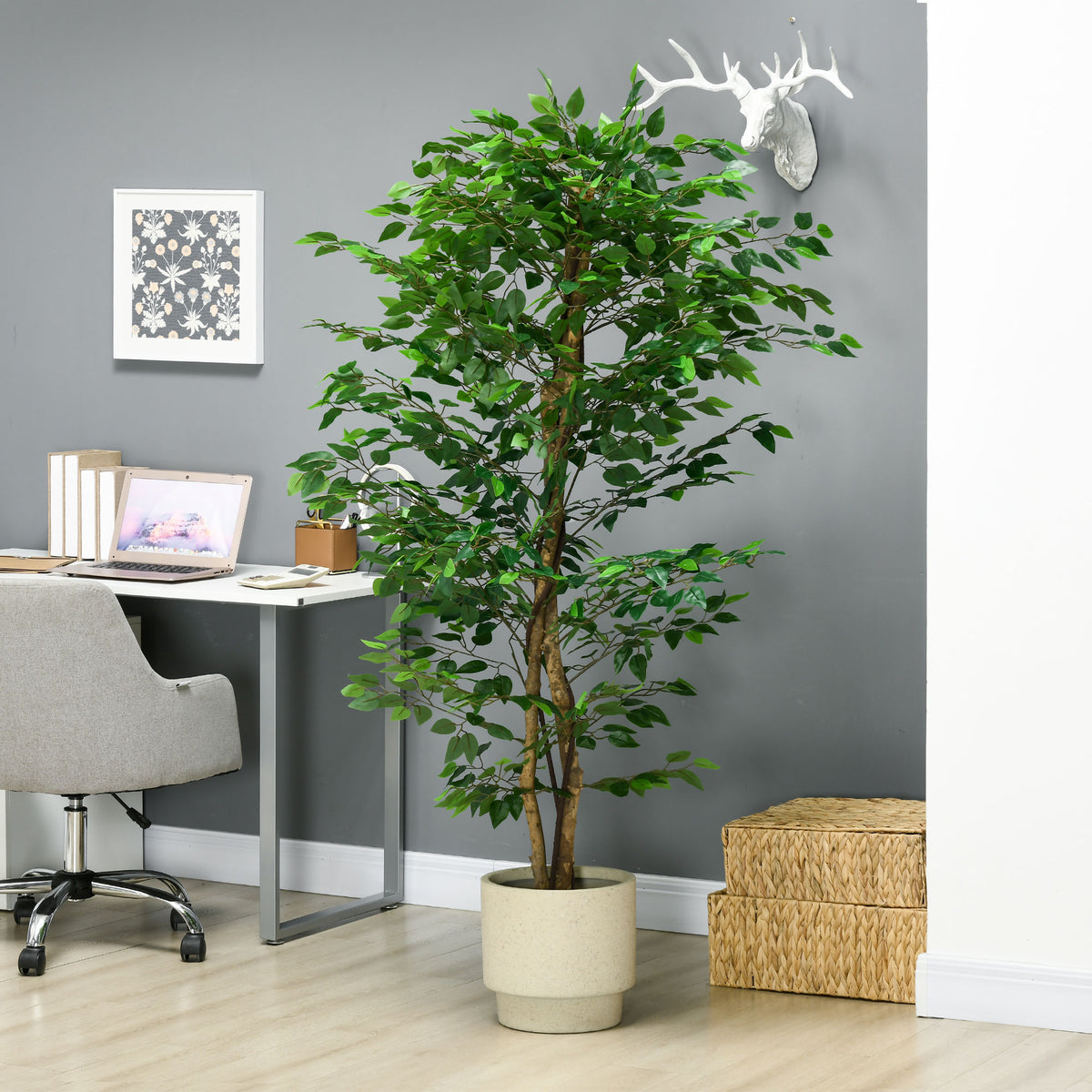Plante artificielle ficus hauteur 1,80 m tronc branches liane lichen feuilles grand réalisme pot inclus vert-6