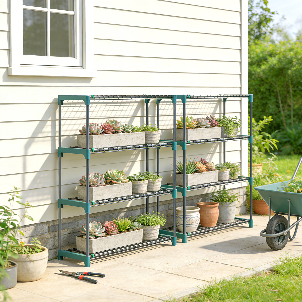 Lot de 2 Étagères à Plantes 4 Niveaux Intérieur Extérieur, Supports pour Plantes en Métal, 90 x 28 x 104 cm, Vert-1