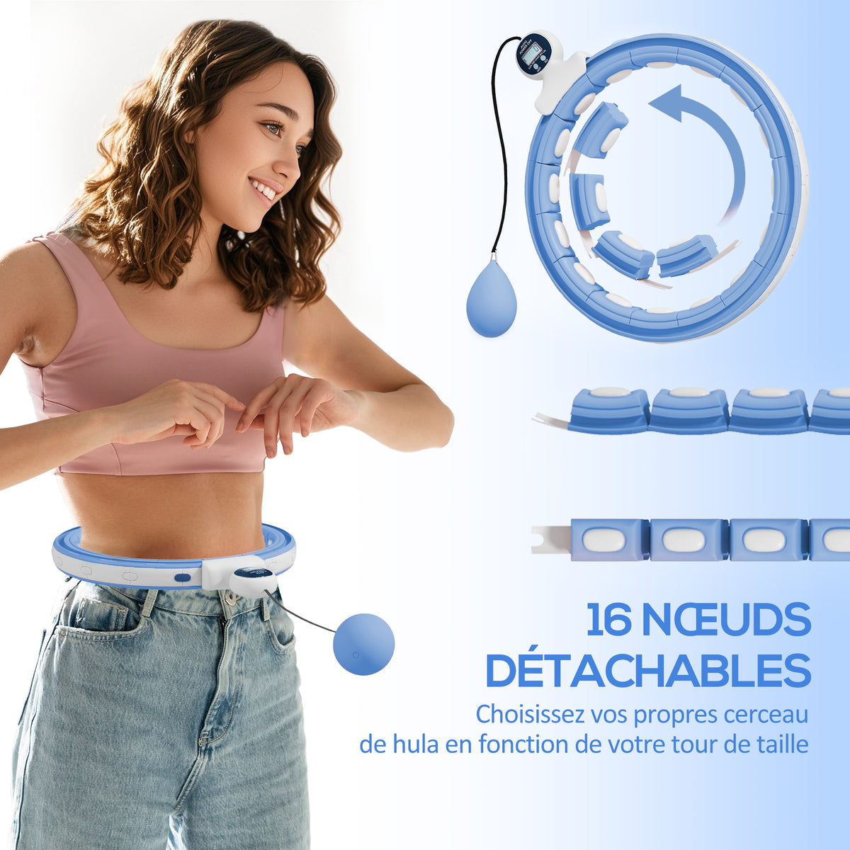 Hula Hoop Cerceau avec Picots de Massage ajustable de 76 à 113 cm de tour de taille 16 segments amovibles, bleu clair-4