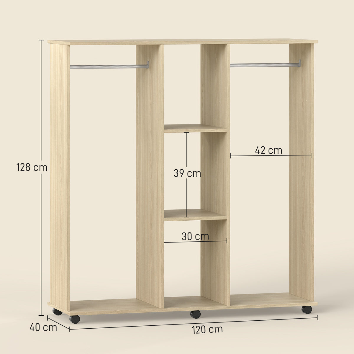 Armoire penderie Meuble de Rangement Mobile 6 roulettes 120L x 40l x 128H cm en bois naturel-2