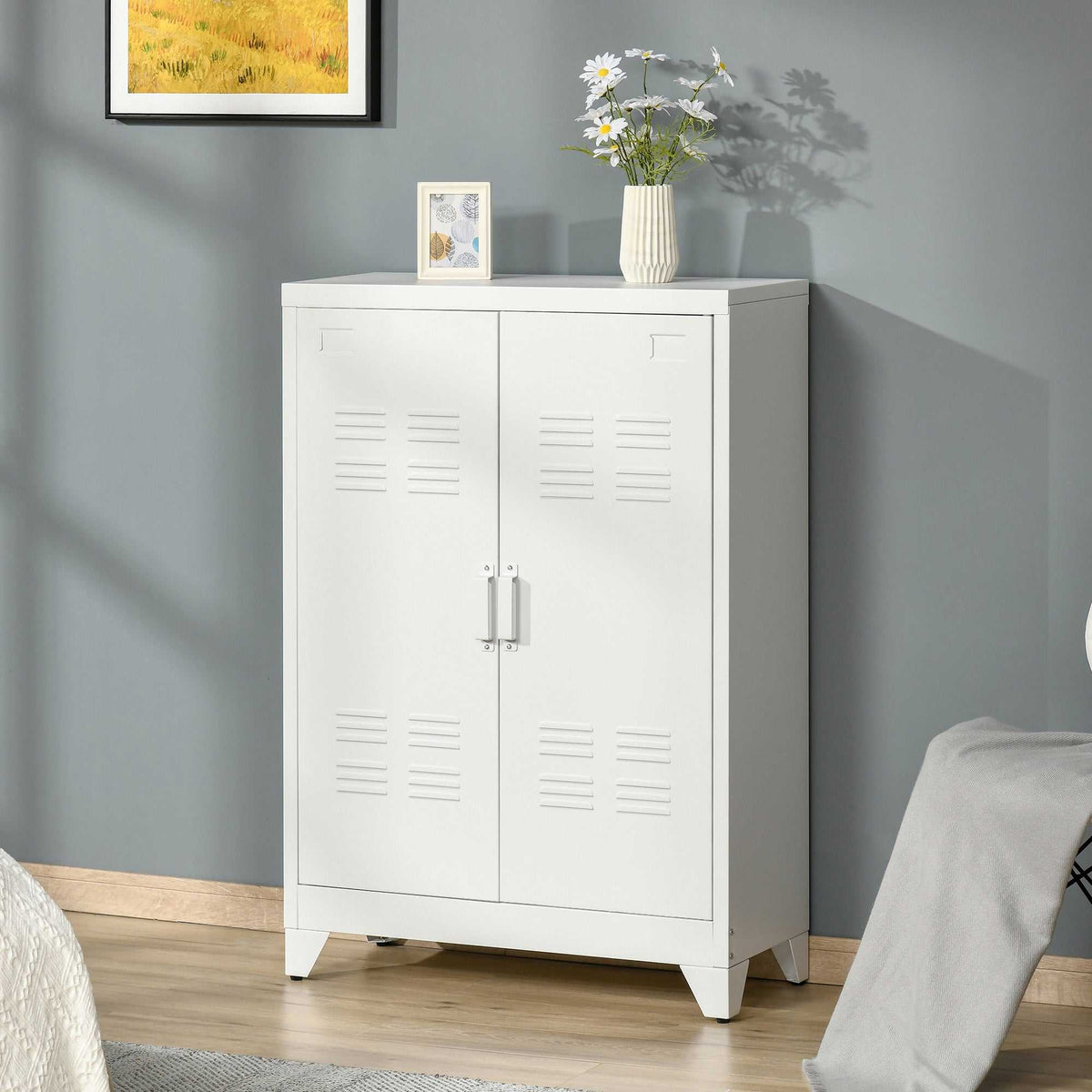 Armoire de bureau à 3 niveaux meuble de rangement bureau métallique 2 portes étagères réglables 75 x 33 x 110 cm blanc-1