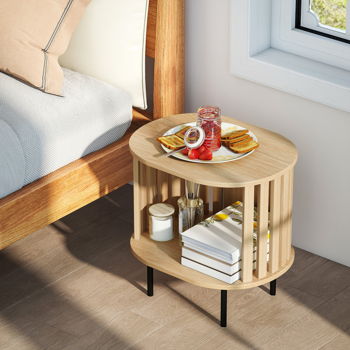 Table d'appoint ovale bout de canapé rangement ouvert pieds en acier design à lattes 50x39x50cm effet bois naturel-6