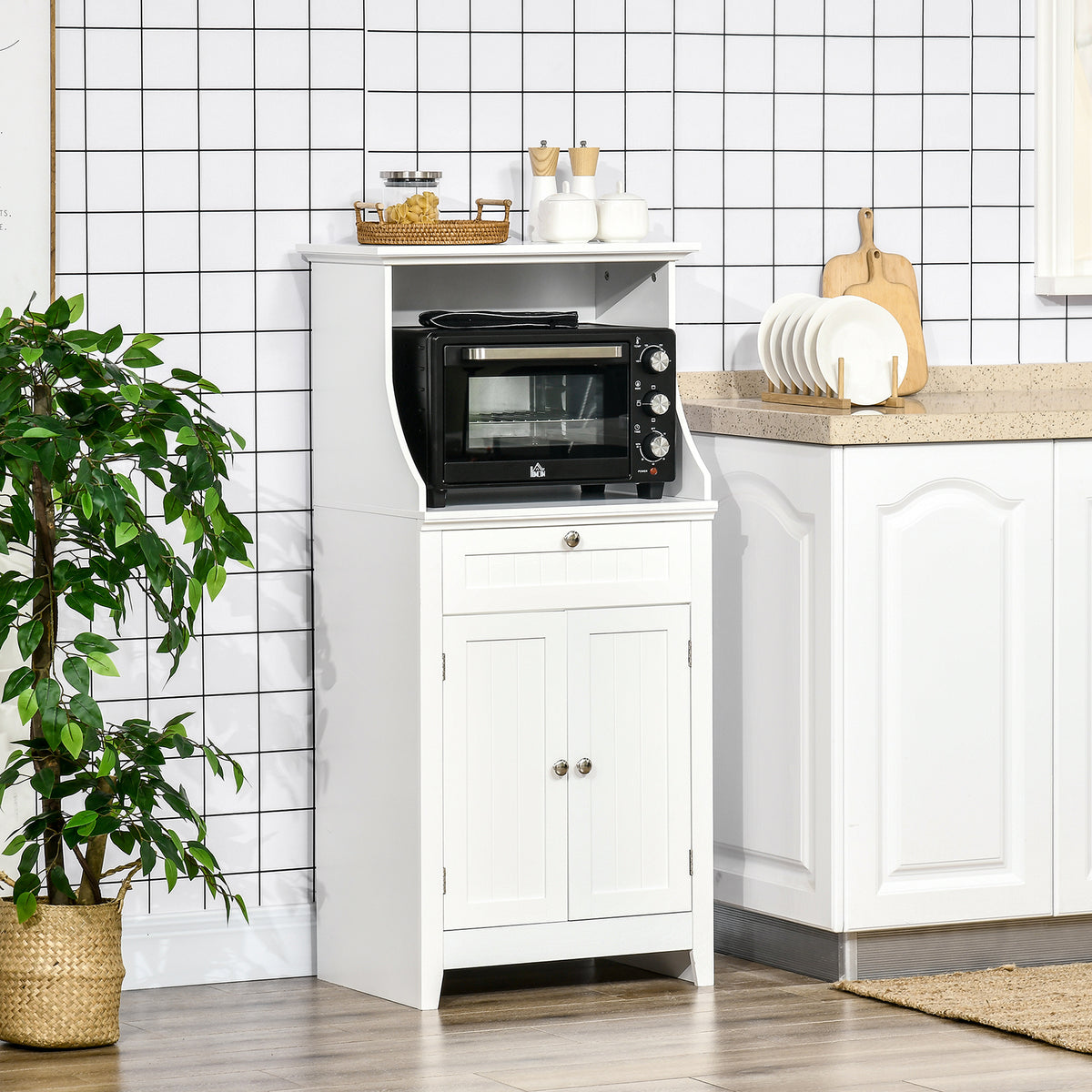 Meuble armoire micro-ondes pour cuisine avec 1 tiroir, 2 Portes 60 x 40 x 122,5 cm - MDF - Blanc-9