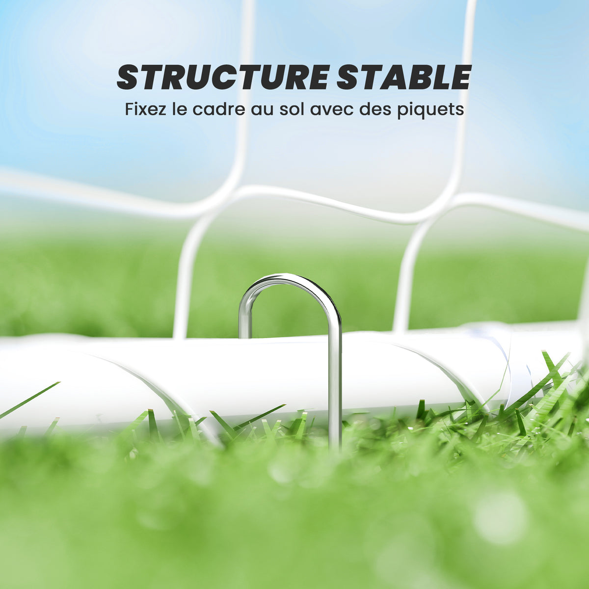 But de football - cage de foot - but d'entrainement dim. 301L x 120l x 200H cm - châssis métal époxy filet PE - piquets inclus - blanc-4