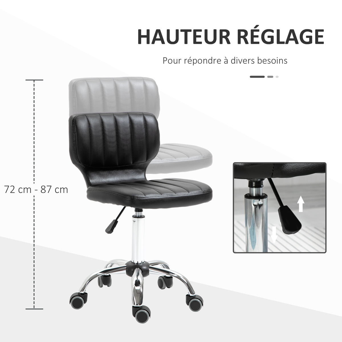 Tabouret à roulettes - tabouret de travail pivotant 360° - - tabouret ergonomique - hauteur assise réglable 47-62 cm - revêtement synthétique matelassé noir métal chromé-3