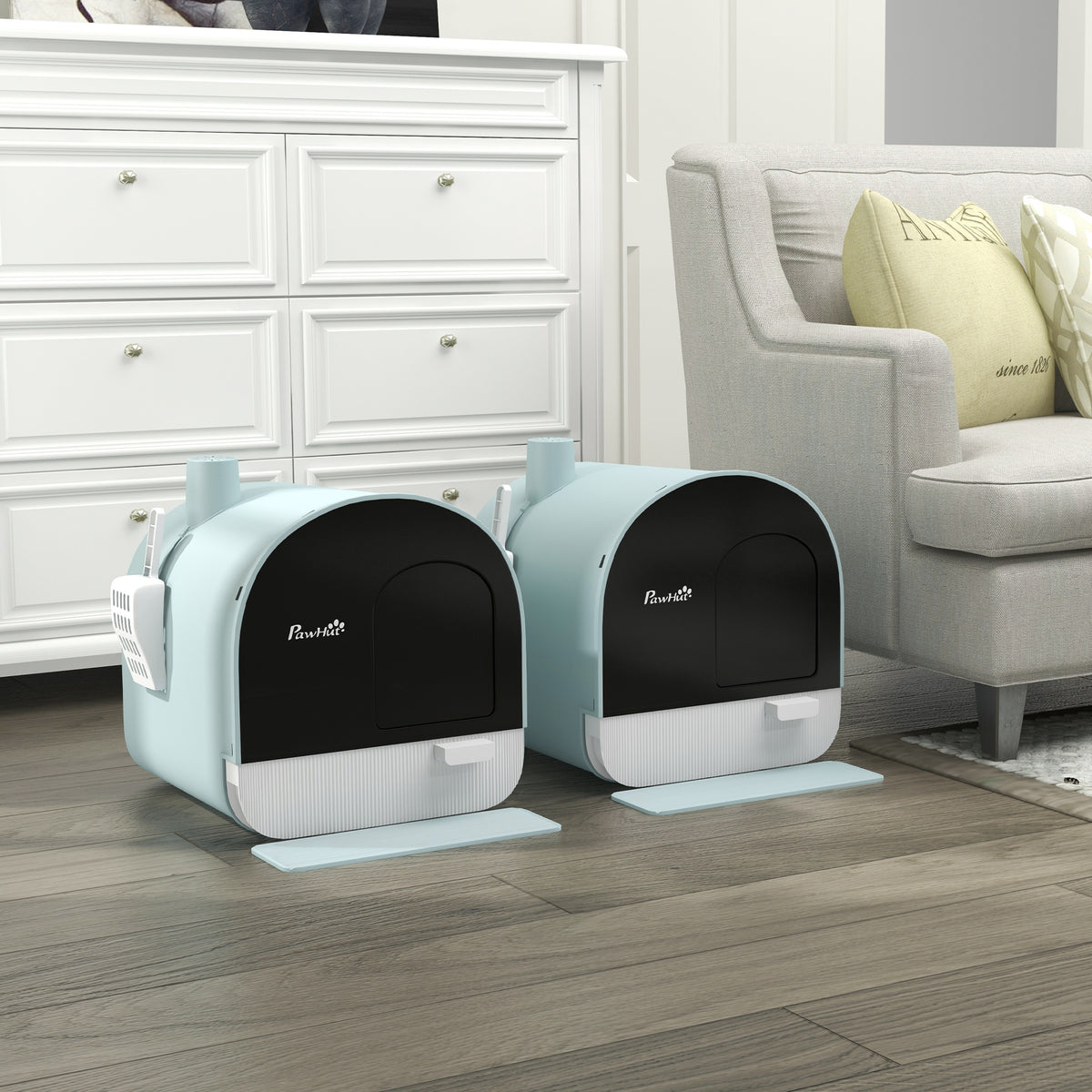 Lot de 2 bacs à litière pour chat avec porte battante, pelle et filtre inclus dim. 43L x 44l x 47H cm-1