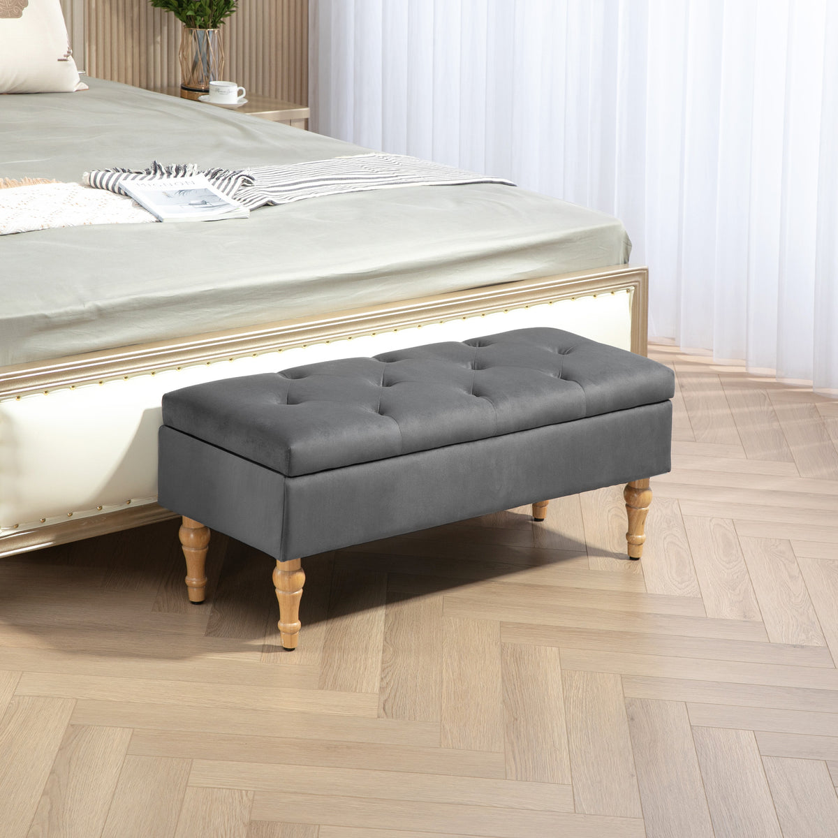 Banc coffre de rangement 2 en 1 banquette en velours avec couvercle à charnière capitonné et pieds en bois, gris foncé-9