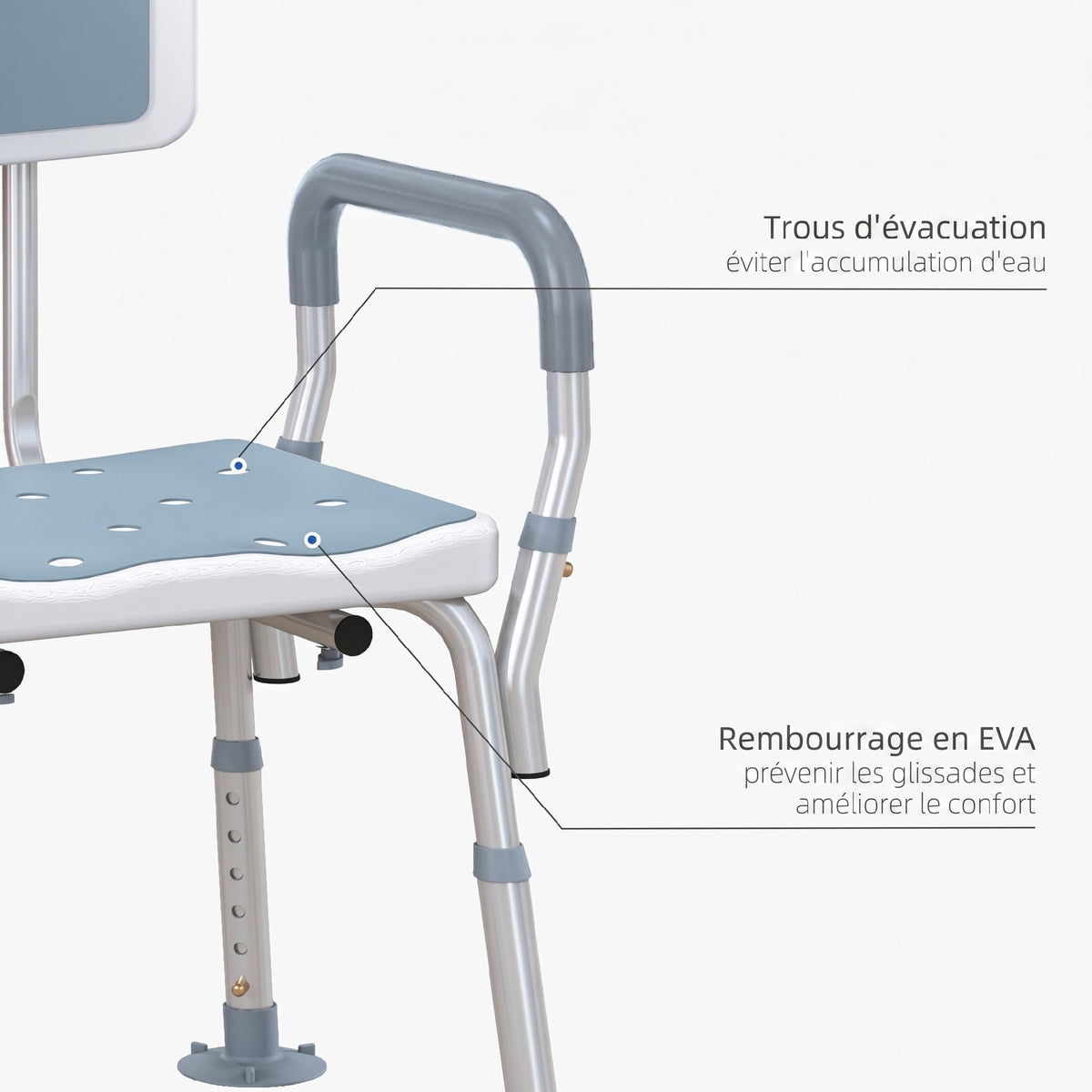 Tabouret de douche chaise de douche ergonomique hauteur réglable pieds antidérapants 56,5 x 53,5 x 87 cm blanc et bleu-3