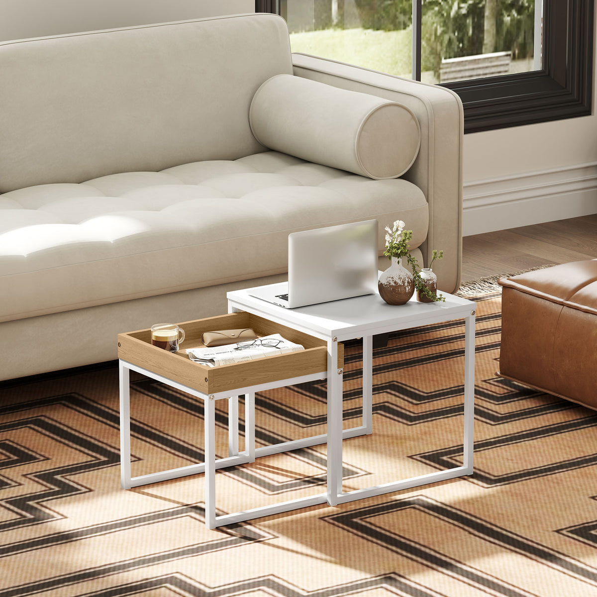 Lot de 2 tables basses gigognes carrées, tables gigognes de salon avec cadre en acier, style moderne, blanc-5