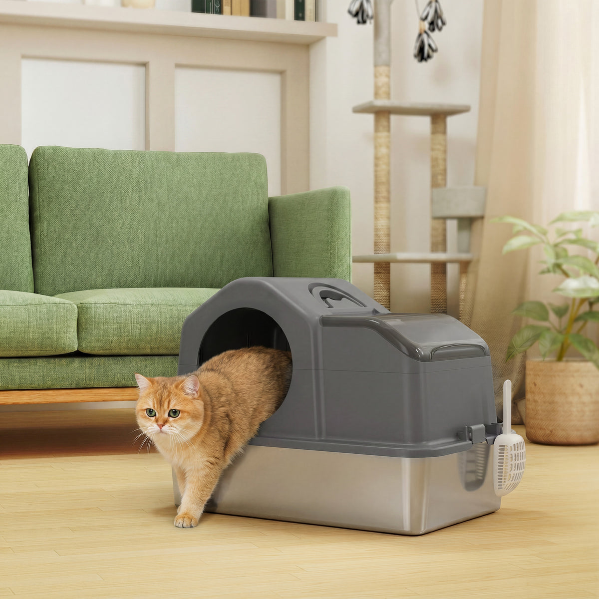 Maison de Toilette pour Chat avec Couvercle Amovible et Fermé, Côtés Hauts, 60,5x40,5x45cm, Gris Foncé-9