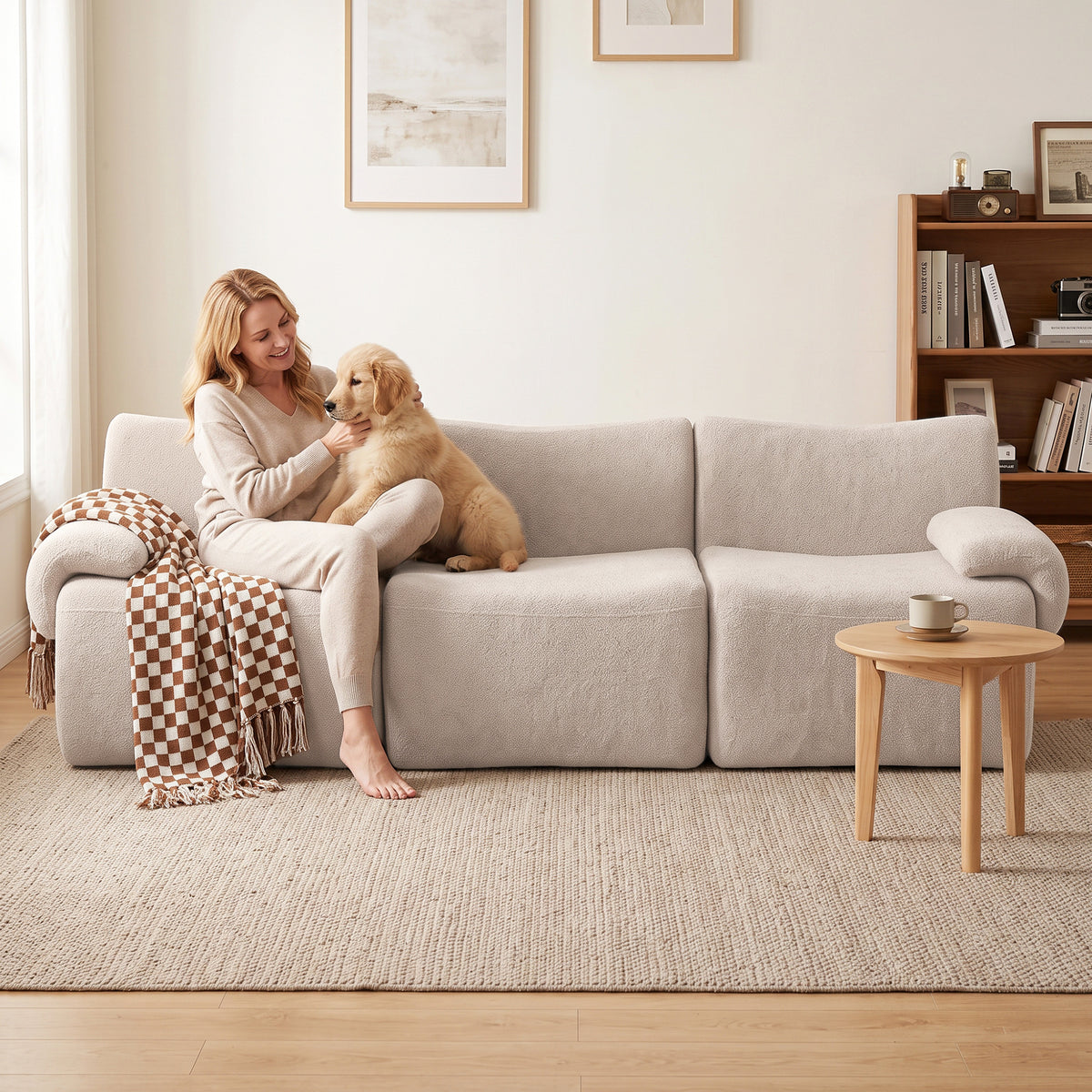 Canapé 3 Places Modulable 277 cm, Canapé Salon Compressé en Chenille Moderne, Assise Profonde, Accoudoirs Larges, Beige-8