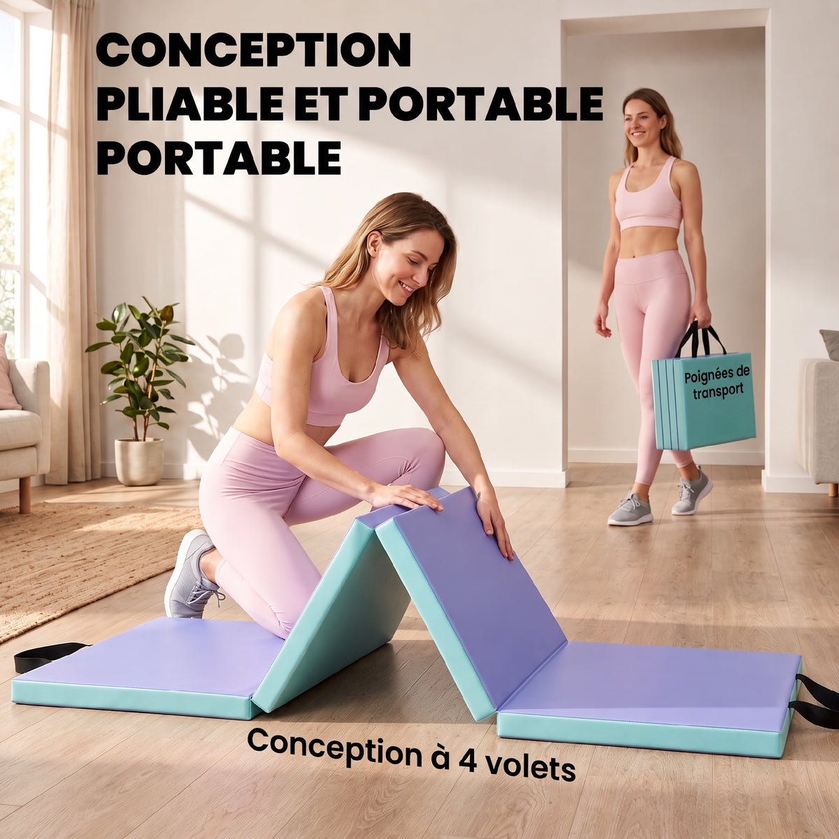 Tapis de gymnastique pliable portable, tapis de sport épais en 4 parties avec poignées, 180 x 60 x 5 cm, vert et violet-4