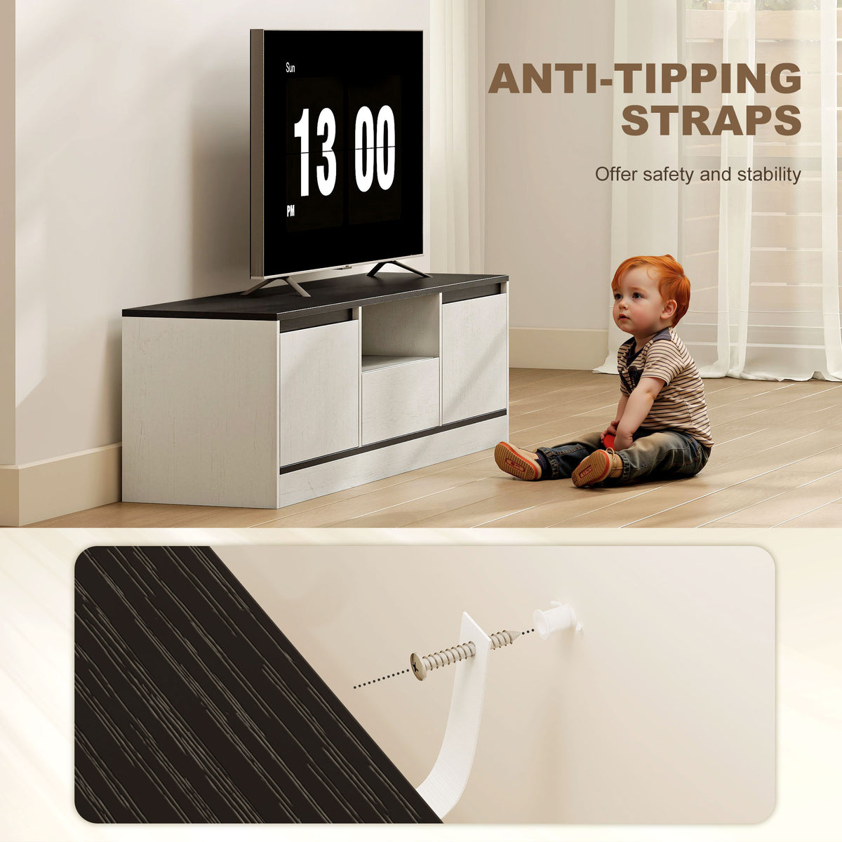 Meuble TV pour Télévision jusqu'à 60" avec 2 Armoires, 1 Étagère Ouverte, 1 Tiroir, Moderne, 140x35x40cm, Noir et Blanc-7