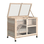 Cage à lapin clapier sur roulettes petit enclos animaux en bois massif 2 étages toit ouvrant plates-formes 91,5 x 53,3 x 73 cm bois naturel-8