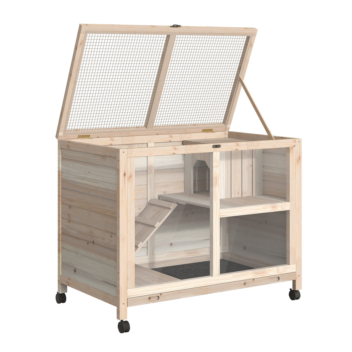 Cage à lapin clapier sur roulettes petit enclos animaux en bois massif 2 étages toit ouvrant plates-formes 91,5 x 53,3 x 73 cm bois naturel-8