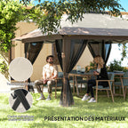 Tonnelle barnum de jardin pop-up pliant double toit protection UV 50+ avec 4 moustiquaires zippées 4 x 4 m beige-7