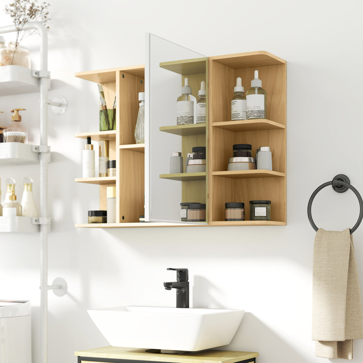 Armoire murale salle de bain avec miroir, meuble salle de bain avec étagères ouvertes, 80 x 20 x 59 cm, bois naturel-7