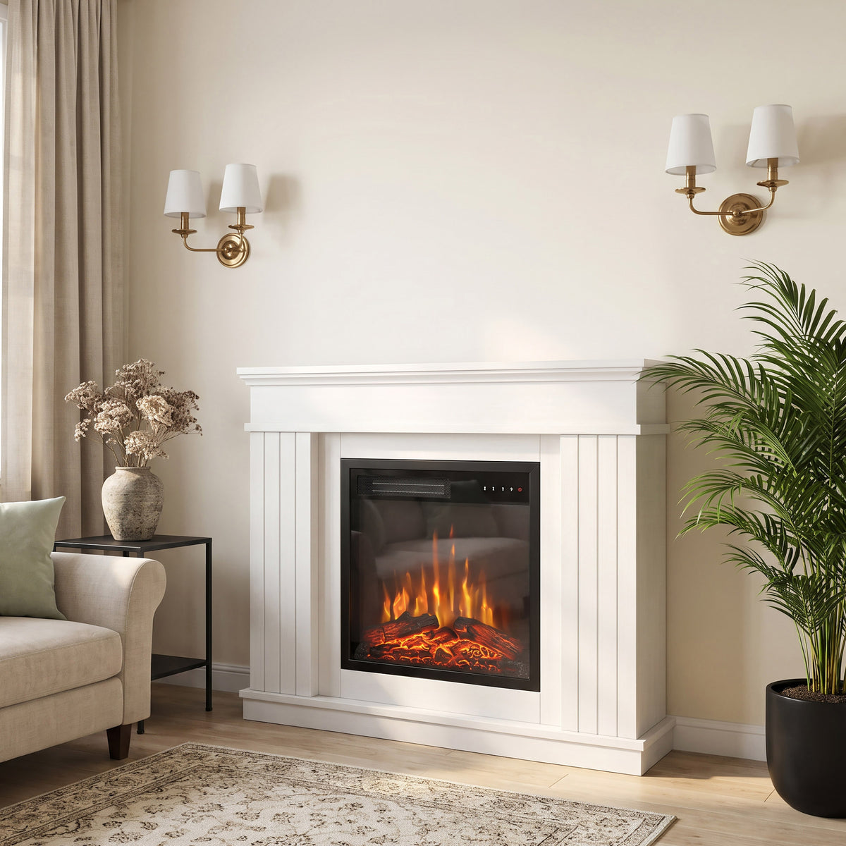 Cheminée Électrique 1800W, Effet Flamme 3D Réaliste, Fausse Cheminée Décorative, Manteau, 5 Niveaux de Luminosité, Blanc-1
