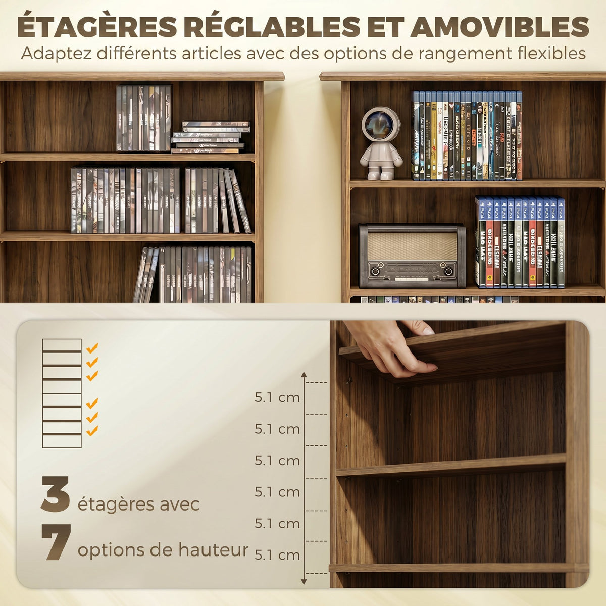 Rangements pour CD et DVD avec 8 compartiments et 6 étagères réglables, capacité max. 360 CD/185 DVD et Blu-ray, noyer-4