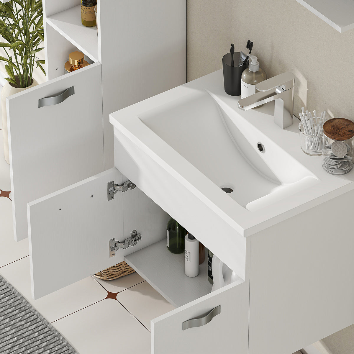 Ensemble de Meubles de Salle de Bain 4 Pièces, Mural, avec Miroir, Meuble sous Vasque, Lavabo et Armoire Haute, Blanc-8