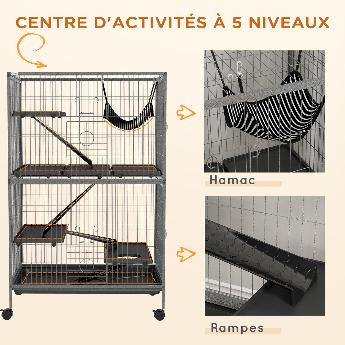 Cage pour rongeurs Multifonction 4 Plateformes 3 rampes 4 Portes dim. 80L x 52l x 128H cm acier Gris argenté Noir-5