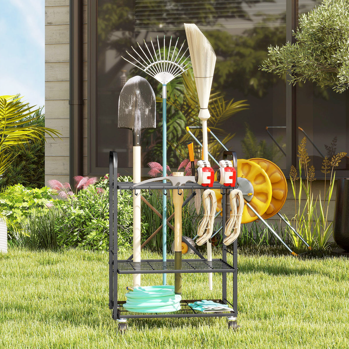 Organisateur d'outils de jardin, support à outils de jardin 40 compartiments à 2 niveaux avec roues 57 x 48 x 70 cm noir-1