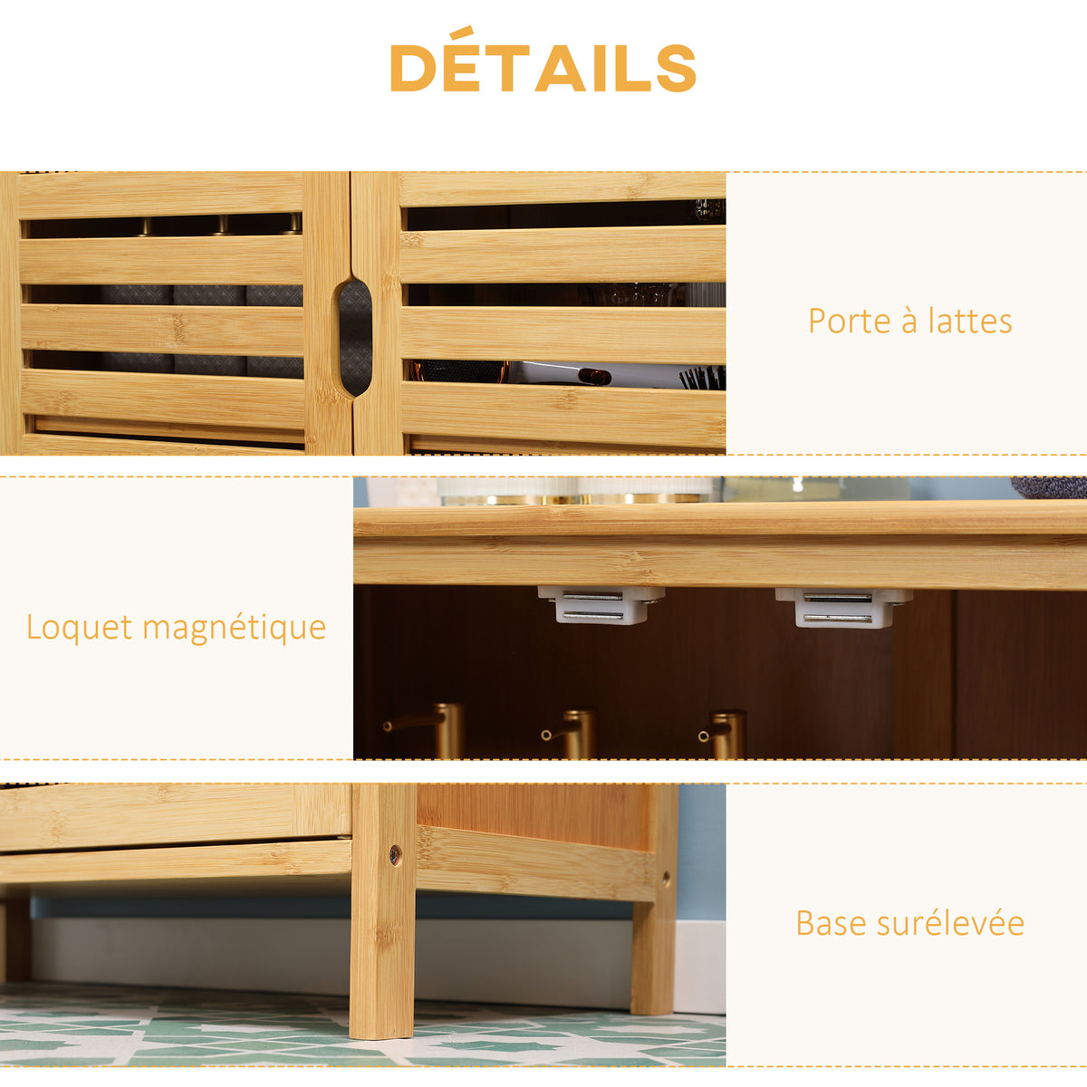 Meuble salle de bain en bambou armoire salle de bain sur pied avec double porte à lattes, 68 x 32 x 86 cm, naturel-5