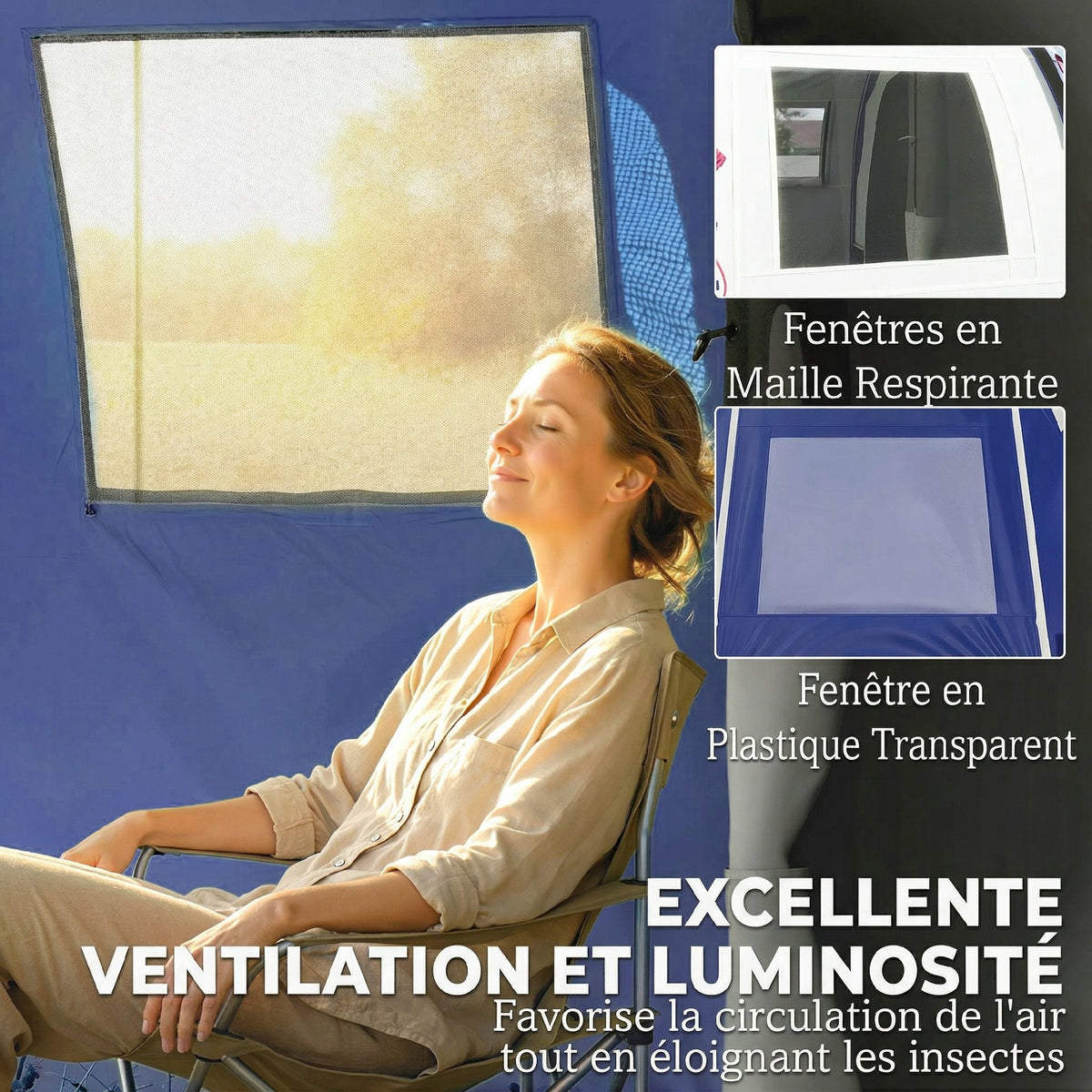 Tente de Camping pour 4 Personnes, 2 Chambres, Imperméable 3000mm, avec Tapis de Sol et Sac, 420x300x200cm, Bleu Foncé-6