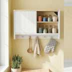 Armoire murale de salle de bain, meuble de rangement de salle de bains avec porte, étagères ouvertes et 5 crochets-8