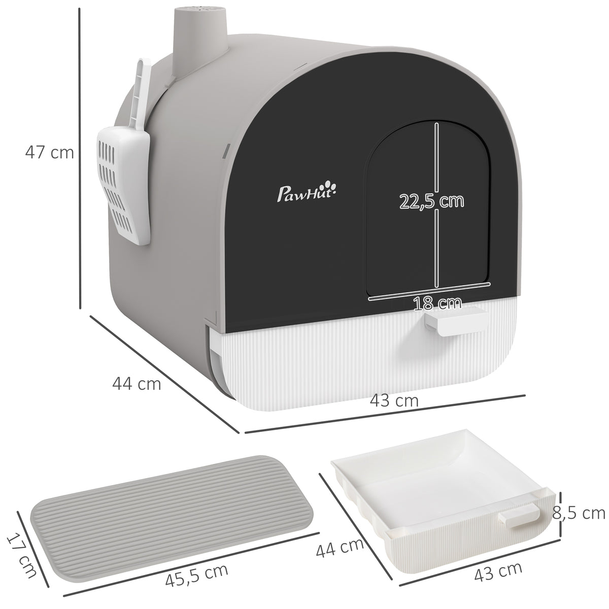 Bac à litière pour chat avec porte battante pelle et filtre inclus dim. 43L x 44l x 47H cm gris-2