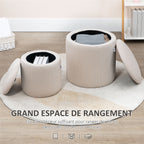 Lot de 2 poufs tabourets repose-pieds coffre de rangement en tissu aspect velours côtelé Ø40 cm et Ø30 cm, crème-4