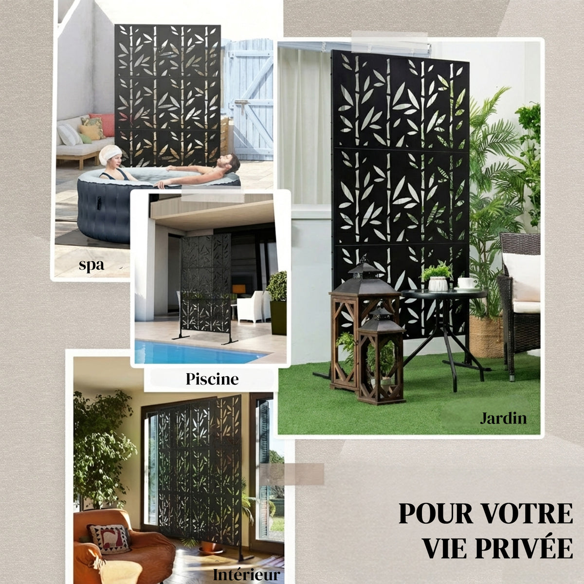 Panneau Brise Vue décoratif Extérieur Claustra Décoratif Jardin 3 Panneaux à motif Bambou métal 92x40x192cm Noir-7