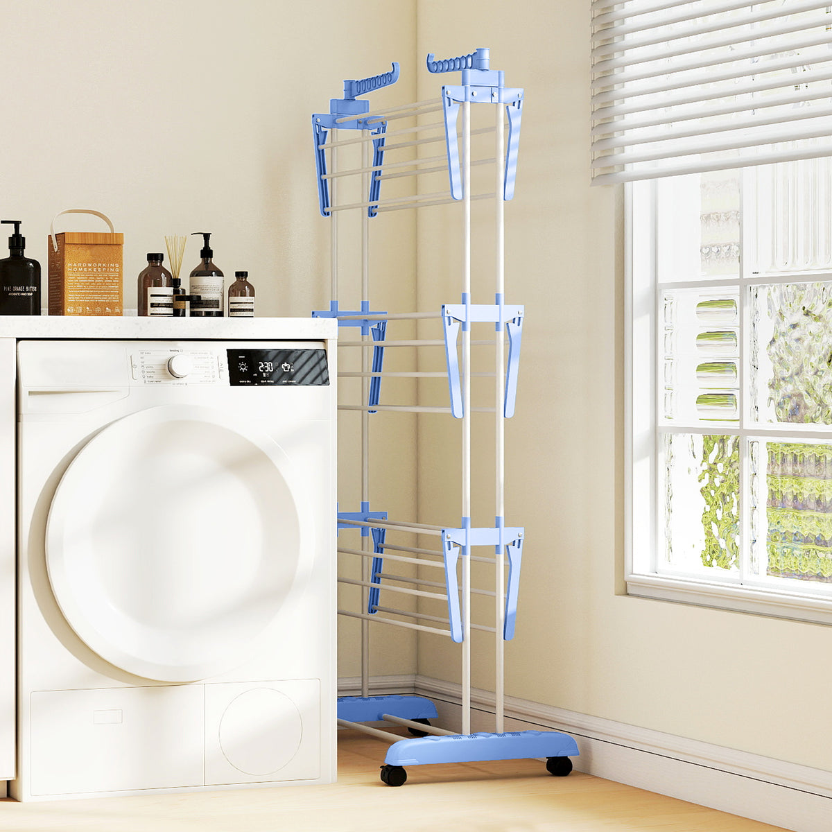 Séchoir étendoir à linge sur roulette pliable ailes latérales intérieure et extérieure 73 x 64 x 177 cm bleu argent-8