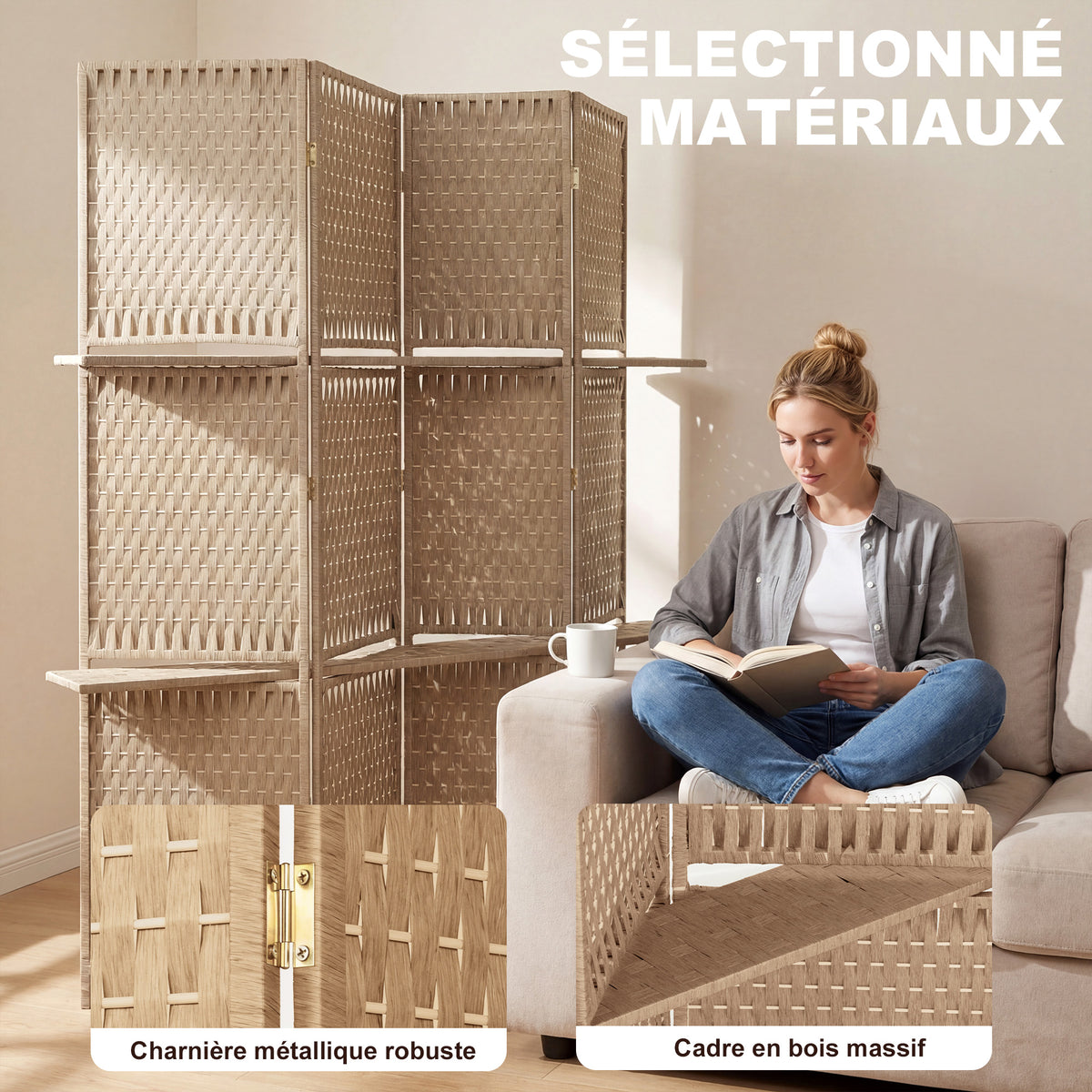 Séparateur de pièces 4 panneaux 2 étagères pliables naturel paille-4