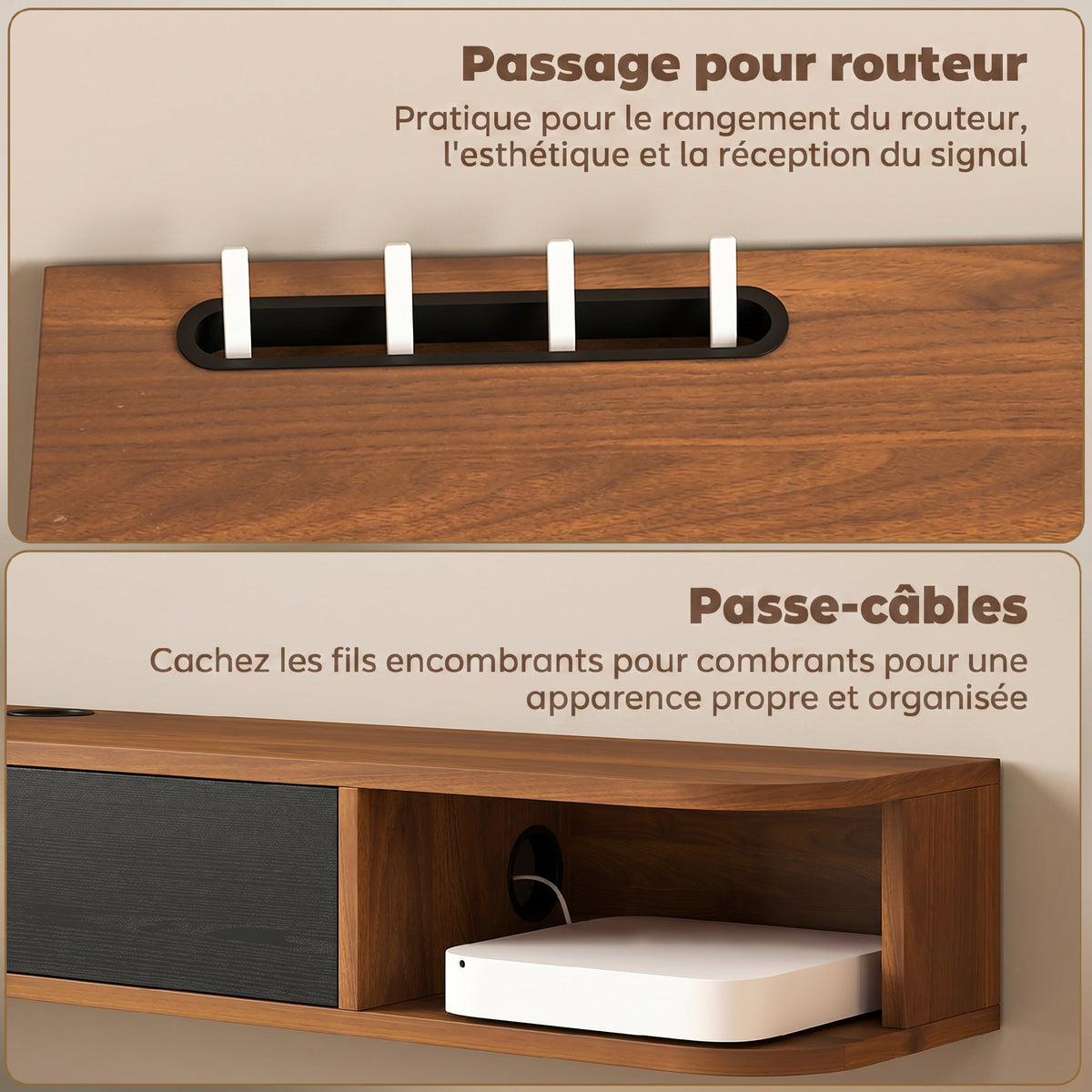 Meuble TV Suspendu, Meuble Télé pour Téléviseur jusqu'à 60 Pouces, Tiroir Rabattable, 2 Étagères, 140x24x16cm, Noyer-5
