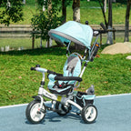 Tricycle 6 en 1 pour enfants, auvent, ceinture de sécurité 5 points, rangement, repose-pieds, frein, 1-5 ans, vert-9