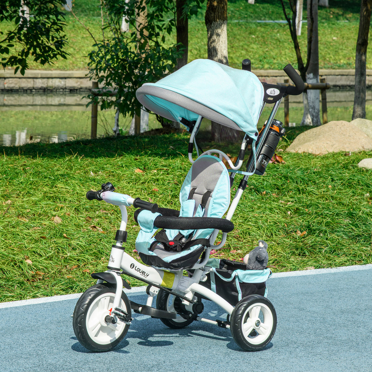 Tricycle 6 en 1 pour enfants, auvent, ceinture de sécurité 5 points, rangement, repose-pieds, frein, 1-5 ans, vert-9