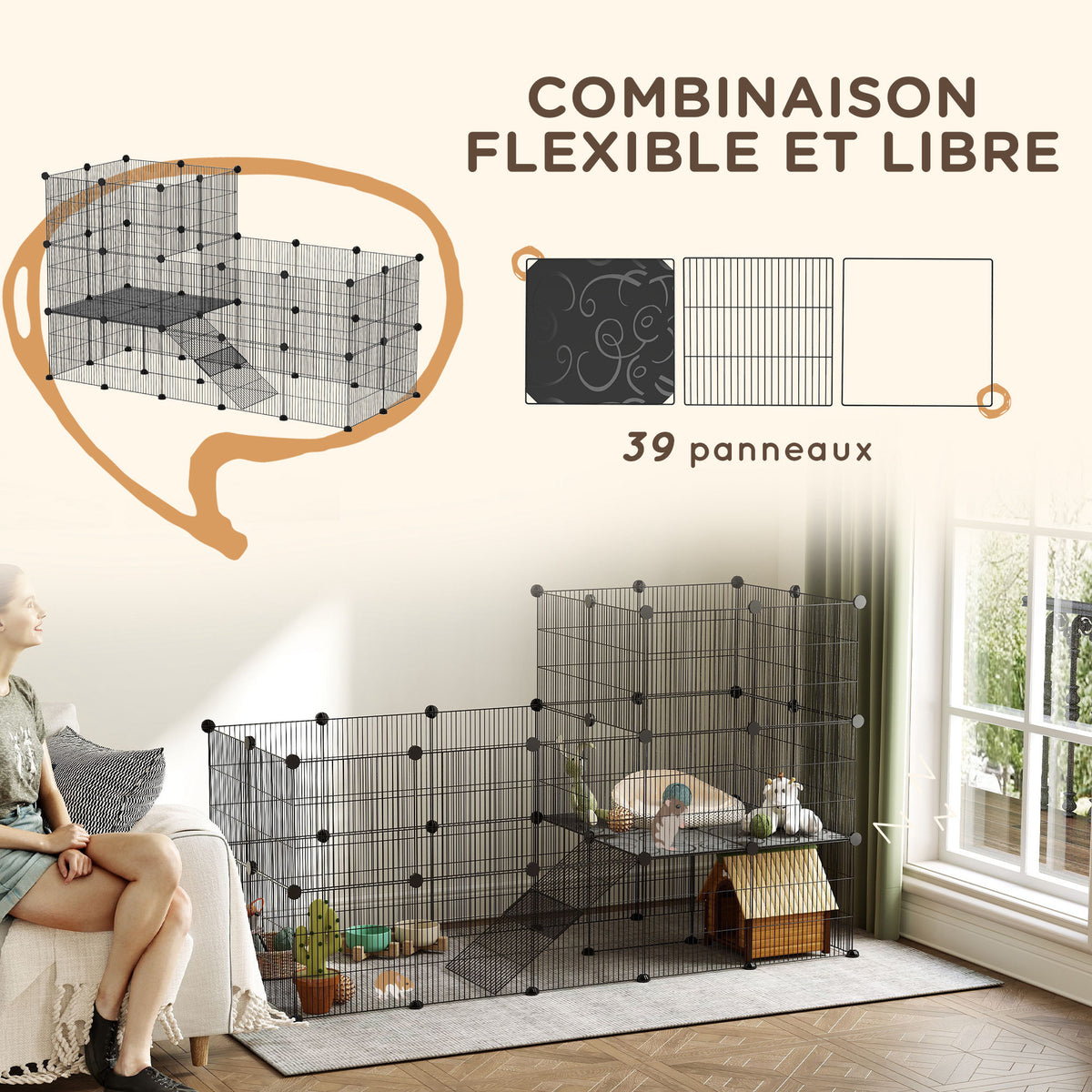 Enclos pour petits animaux, cage à lapin modulable 2 niveaux, 39 panneaux avec rampe, en acier, 140 x 70 x 105 cm, noir-3
