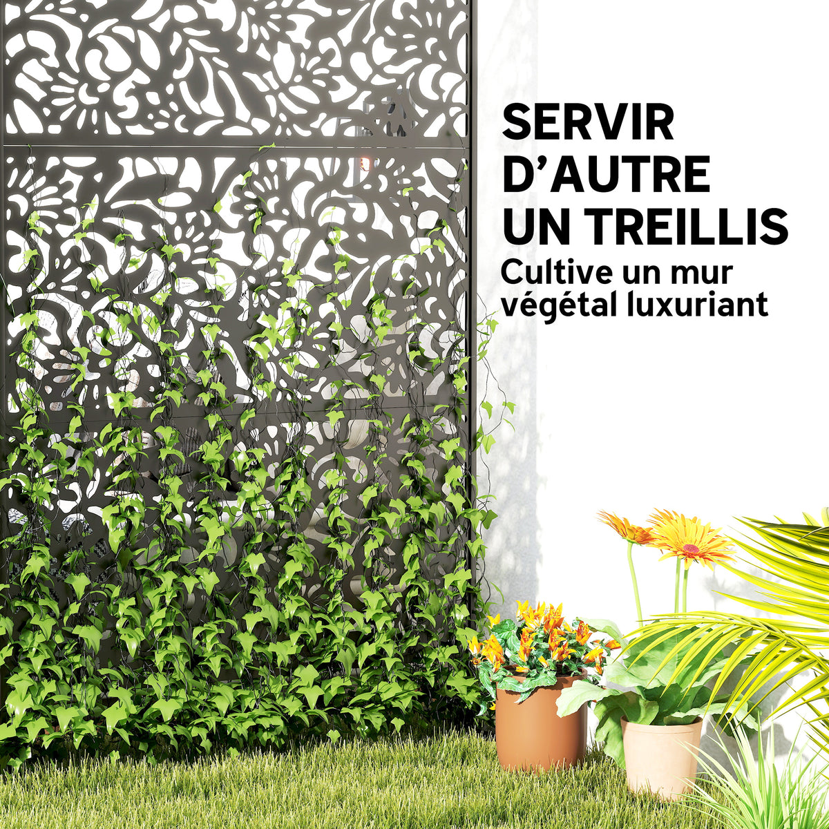 Panneau Brise Vue décoratif Extérieur Claustra Décoratif Jardin 3 Panneaux à motif floral Acier 122 x 45 x 198 cm Noir-4