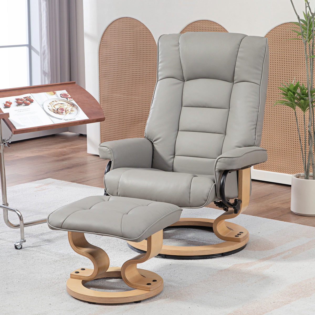 Fauteuil de relaxation inclinable avec repose-pied, pivotant, cadre en bois , revêtement synthétique gris-9