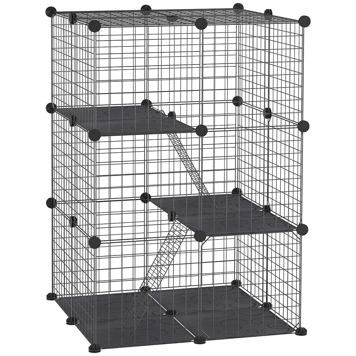 Enclos pour petits animaux, cage à lapin modulable 3 niveaux, 39 panneaux avec rampes, en métal, 70 x 70 x 105 cm, noir-0